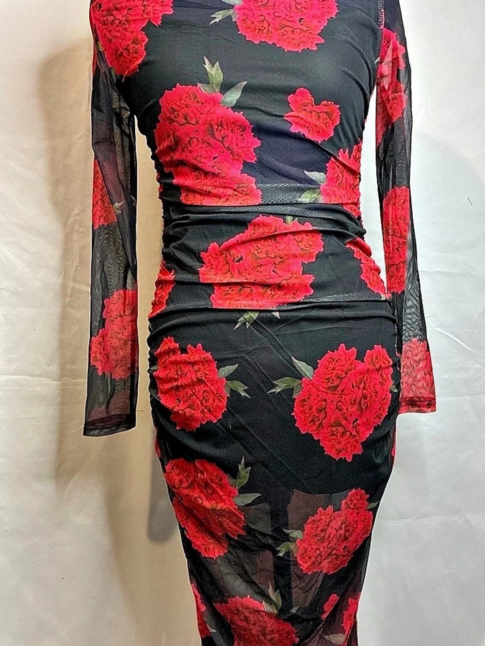3 Piece Floral Sheer Midi Dress in Black & Red Like New